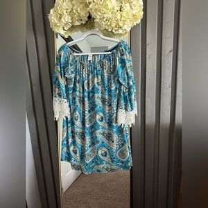 Blue Off the Shoulder Mini Sundress with Bishop Sleeves